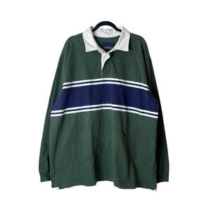 Vtg L.L. Bean Mens Rugby Polo Shirt XXL Green Navy Striped Classic Preppy Sporty